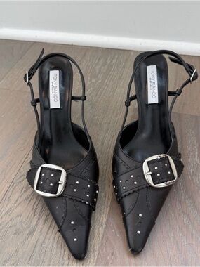 Tony Bianco Black Pointed Slingback Heels with Silver Buckles